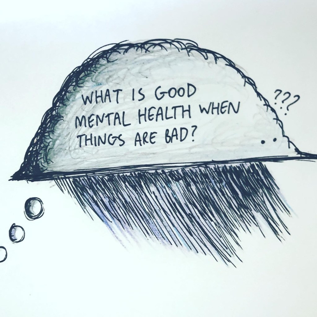 An image of a cloud, inside of which is the text "What is good mental health when things are bad?"