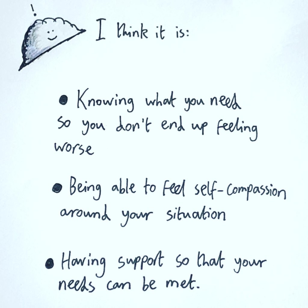 An image reading "I think it is: knowing what you need so you don't end up feeling worse, being able to feel self-compassion around your situation, having support so that your needs can be met."