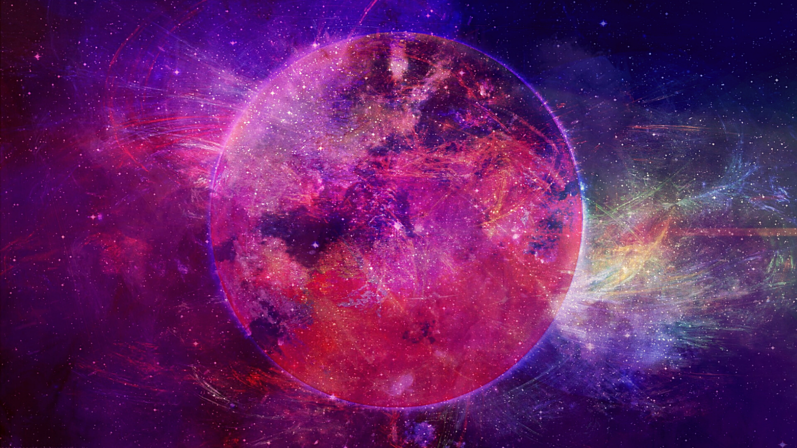 An image of a reddish-purple planet suspended in space.