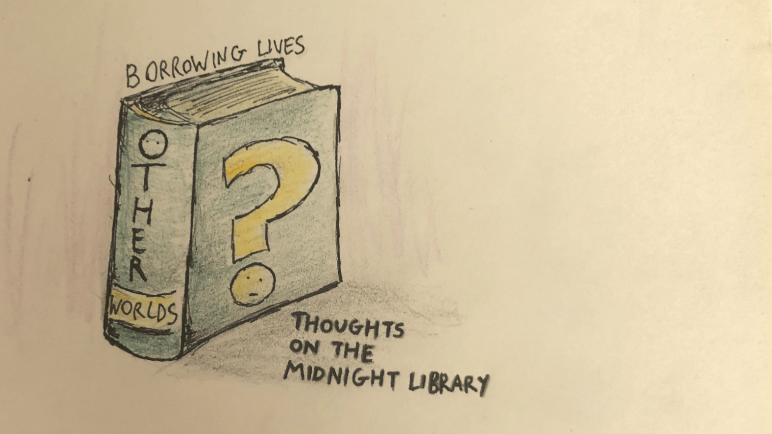 Illustration of a book with a question mark on it and "OTHER WORLDS" written on the spine. Beside it is the text "Borrowing lives" and "Thoughts on the Midnight Library."